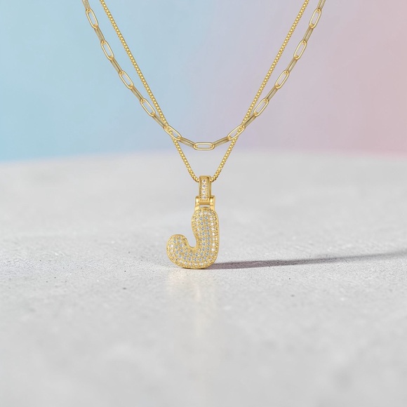 Gold Pavé Initial “J” Necklace ✨ Layered Chain Bubble Letter Pendant - Picture 2 of 3